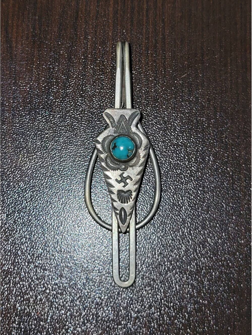Vintage Whirling Log Arrowhead Turquoise Navajo Tie Bar Jewelry 1930s-40s Rare!